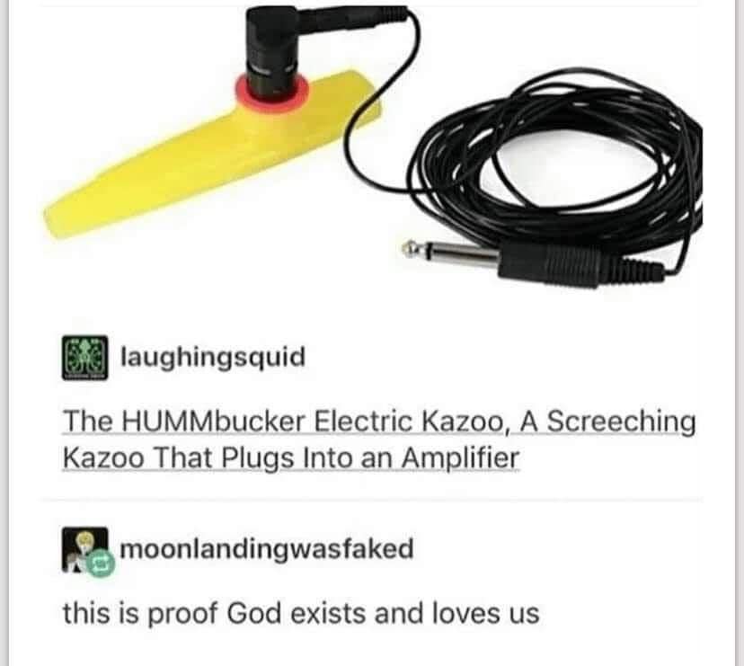 A classic meme from a Tumblr post celebrating the invention of the HUMMbucker Electric Kazoo.