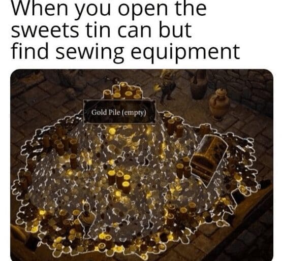 Video-game treasure pile screenshot with caption about opening a sweets tin and finding sewing supplies