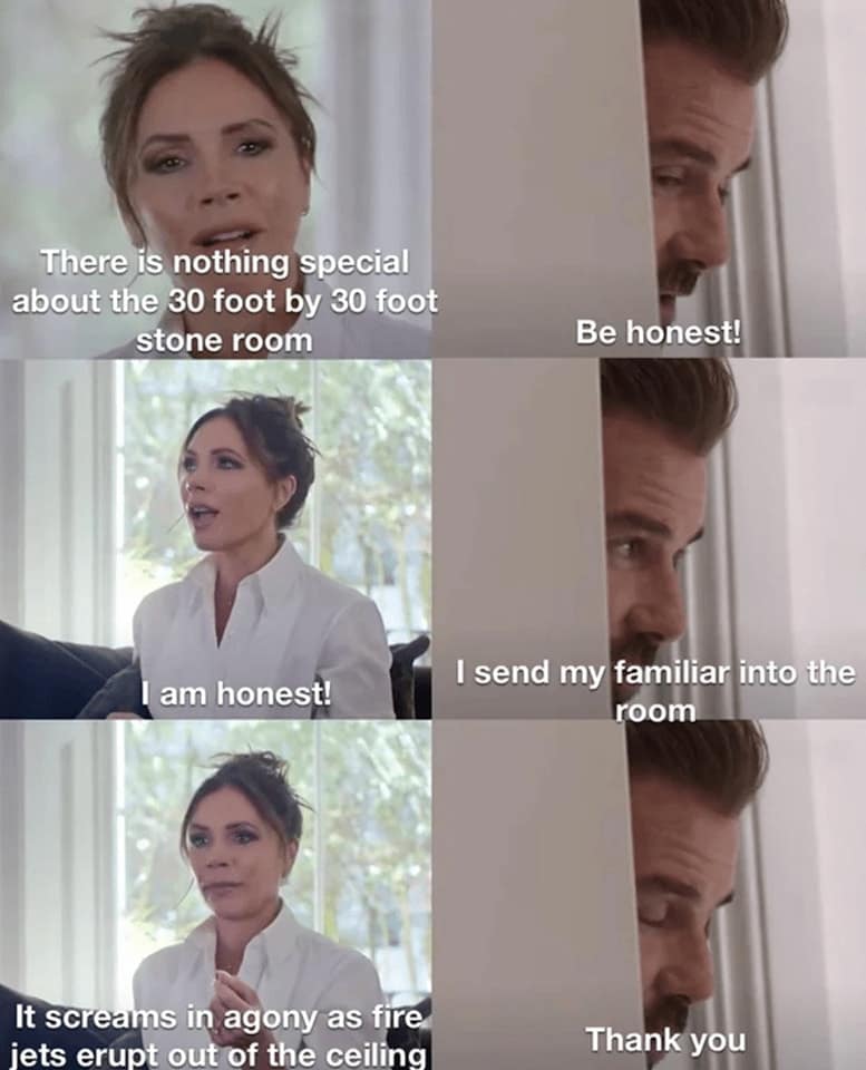 A Dnd meme using the Victoria Beckham format to show a DM lying about a trapped room.