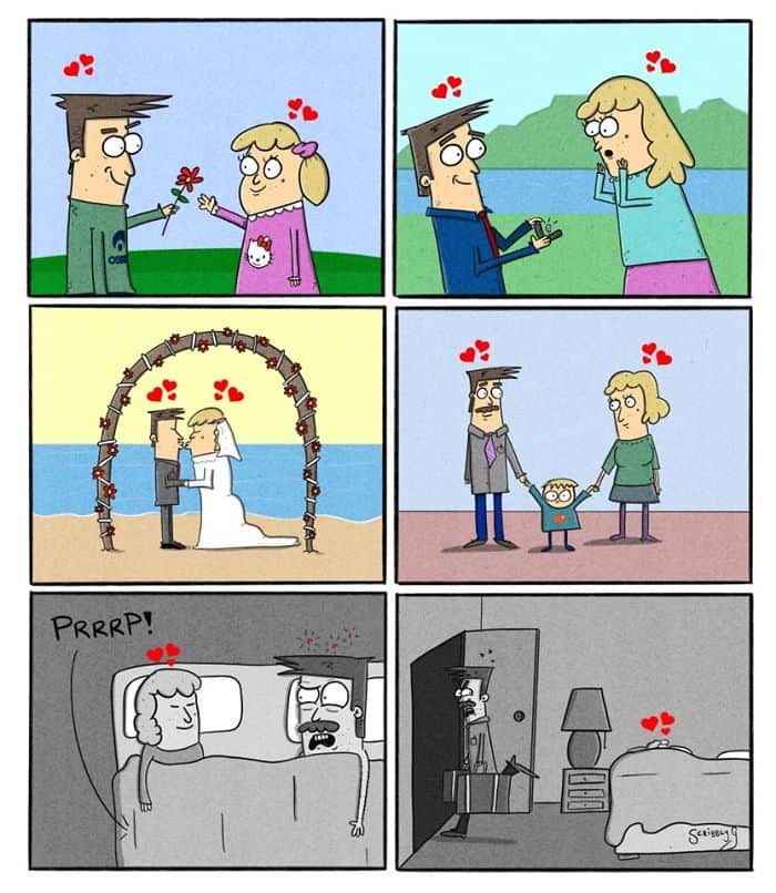 Couple meets, gets engaged and married, has a child; later a bedtime toot ends the romance and he leaves with a suitcase.