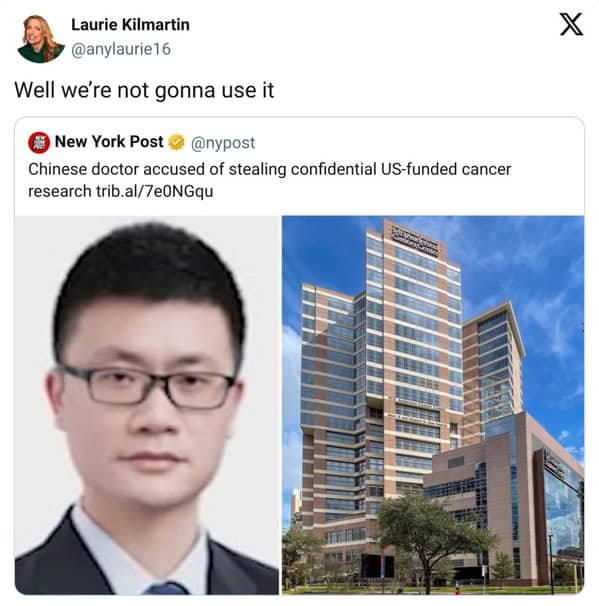 Quote-tweet saying “Well we’re not gonna use it” above a news post about research theft.