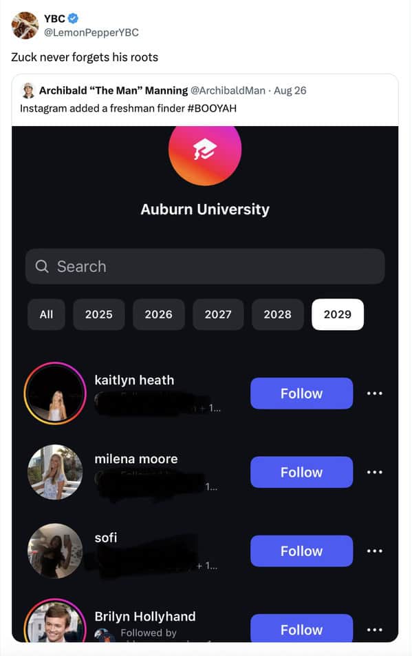 Tweet showing a “freshman finder” screen for a university with class years listed.