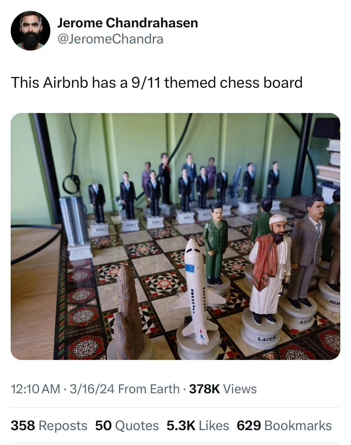 A tweet showing a photo of an incredibly bizarre, tasteless, and inappropriate custom-made chess set where all of the pieces are figures from the 9/11 terrorist attacks.