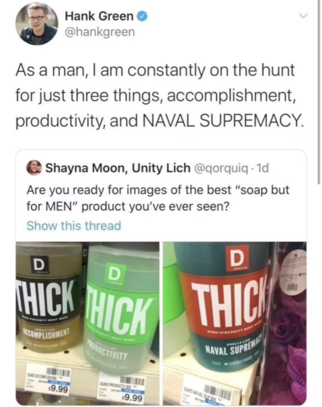 A funny meme about a brand of men's soap with hilariously masculine scents like "Naval Supremacy" and "Productivity."