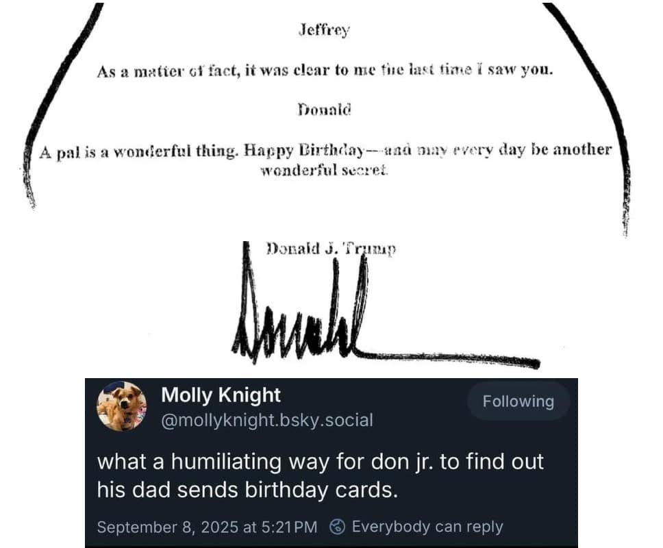 A timely and savage tweet from September 8, 2025, that is mocking Donald Trump Jr. after seeing a newly released birthday card from his father to Jeffrey Epstein.