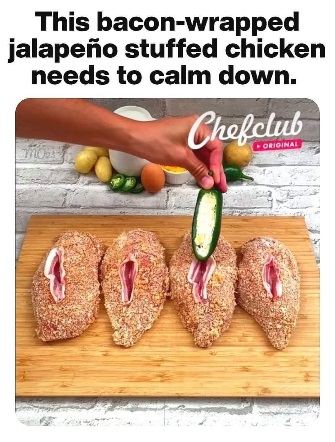 A screenshot from a viral Chefclub cooking video showing a very suggestive-looking recipe for jalapeño-stuffed chicken that has gone viral for being inappropriate.