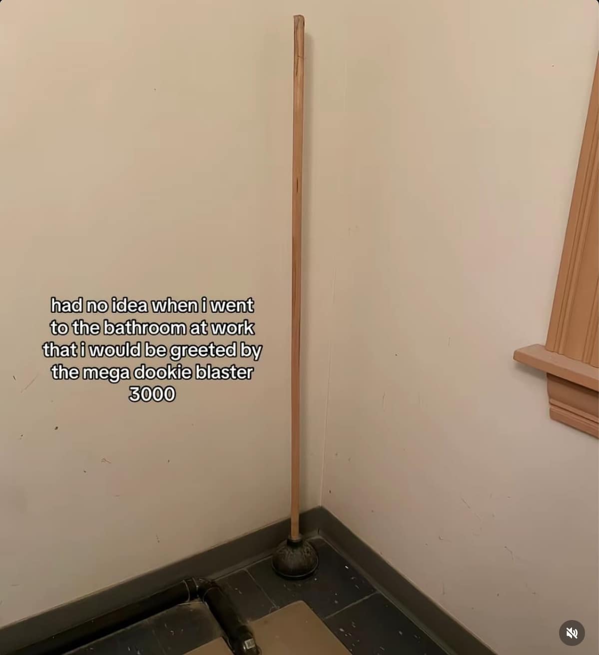 A funny and terrifying photo of a toilet plunger that has an extremely long, five-foot wooden handle, which the user has appropriately nicknamed the "mega dookie blaster 3000."