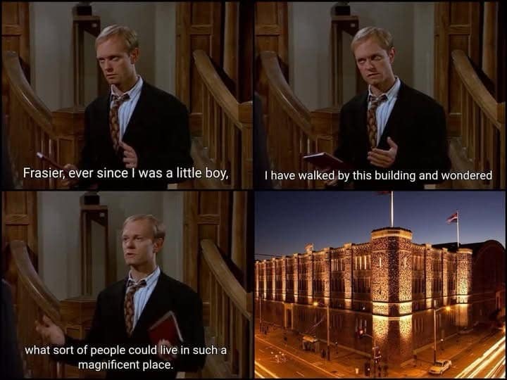 A funny four-panel meme that uses a classic quote from the TV show Frasier, but the final panel shows a picture of the famous Casa Loma castle in Toronto, Ontario.