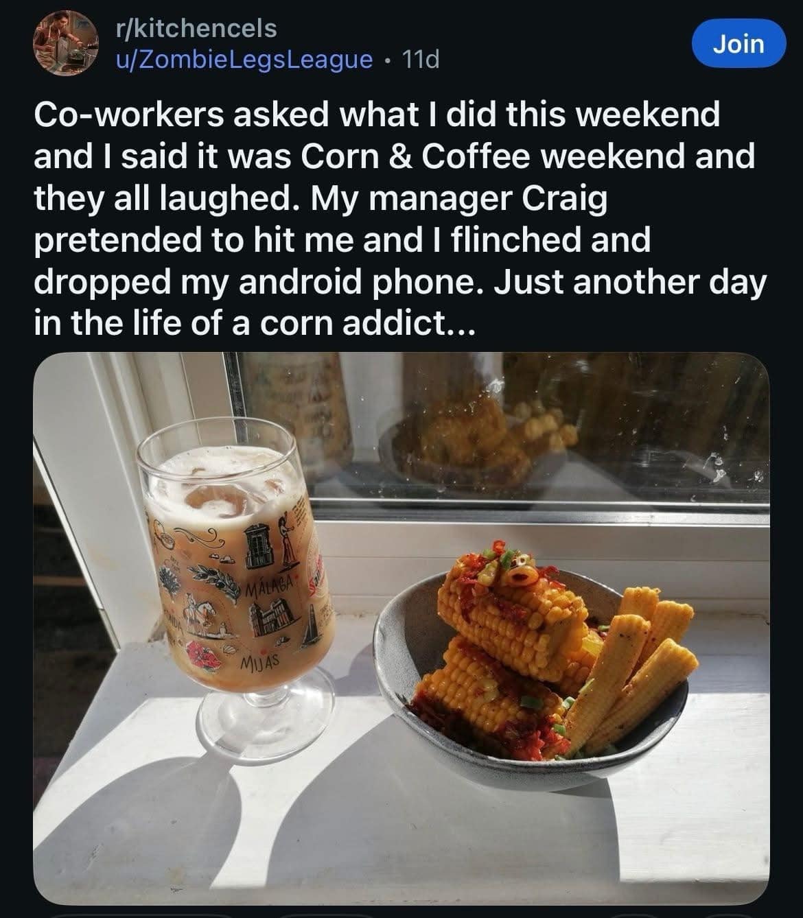 A screenshot of a very bizarre and chaotic Reddit post from a user who is a self-described "corn addict," and who is detailing the constant harassment that he receives from his coworkers.