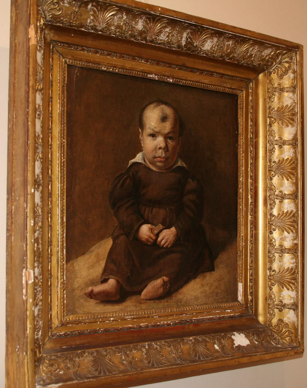 A funny and very creepy old oil painting of a baby that looks like a grumpy 40-year-old man.