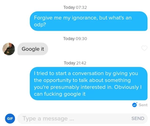 A screenshot of a frustrating Tinder conversation where a user gets a very rude and unhelpful "Google it" reply after trying to start a thoughtful conversation with their match.