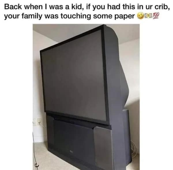 A nostalgic home meme about how owning a massive rear-projection TV meant your family was rich as a kid.