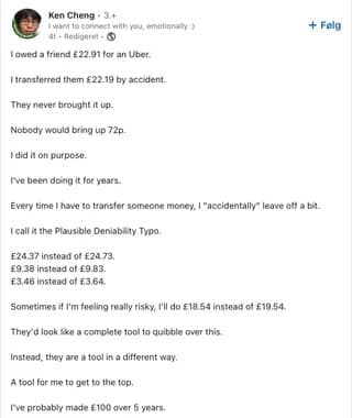 A wild LinkedIn post where a user unironically brags about his toxic "hustle" of slightly underpaying his friends for years.