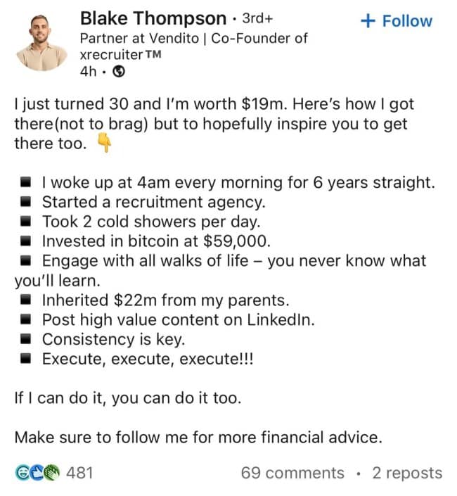 A hilarious parody of a LinkedIn success post, where a man's list of accomplishments is undercut by a $22 million inheritance from his parents.