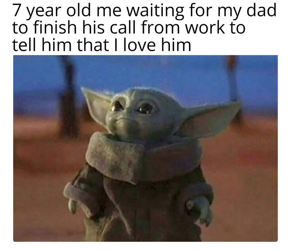 A Mandalorian and Grogu meme of a cute Grogu waiting patiently to tell his dad he loves him.