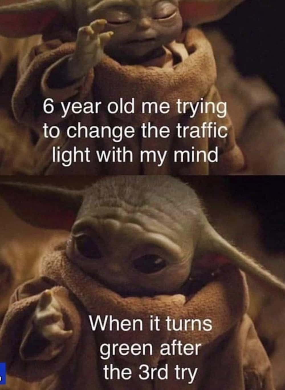 A Mandalorian and Grogu meme showing a child using the Force to successfully change a traffic light.
