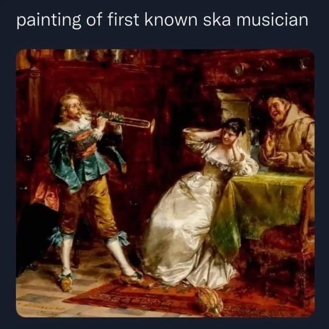 Classical painting of a trumpeter blasting while a seated woman covers her ears and another laughs; caption notes “first known ska musician.”