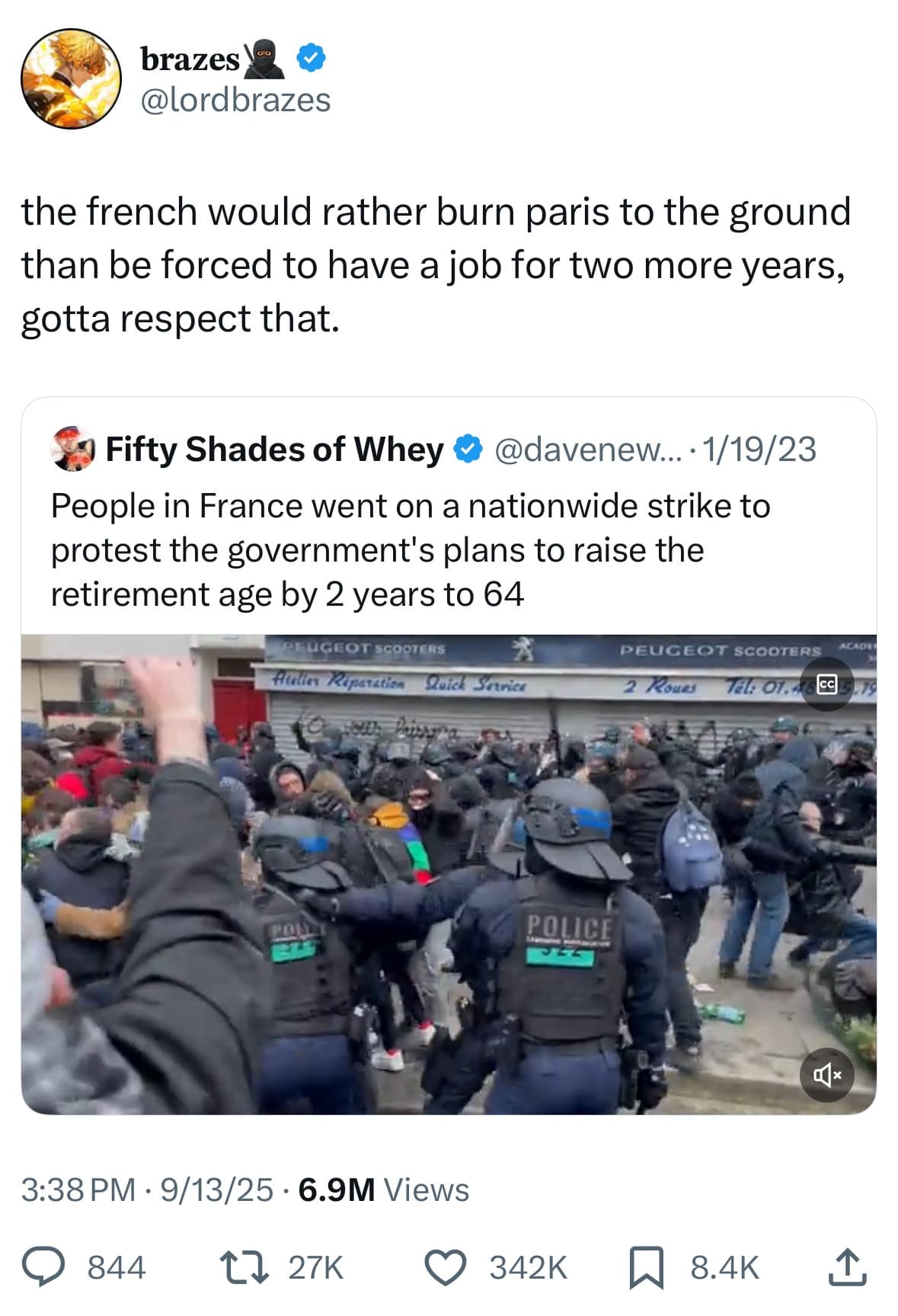 A meme dump of a tweet joking about the French protesting a two-year increase in the retirement age.
