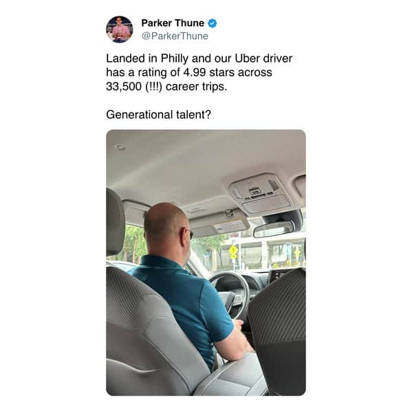 A meme dump of a tweet celebrating an Uber driver with a near-perfect rating over 33,500 trips.
