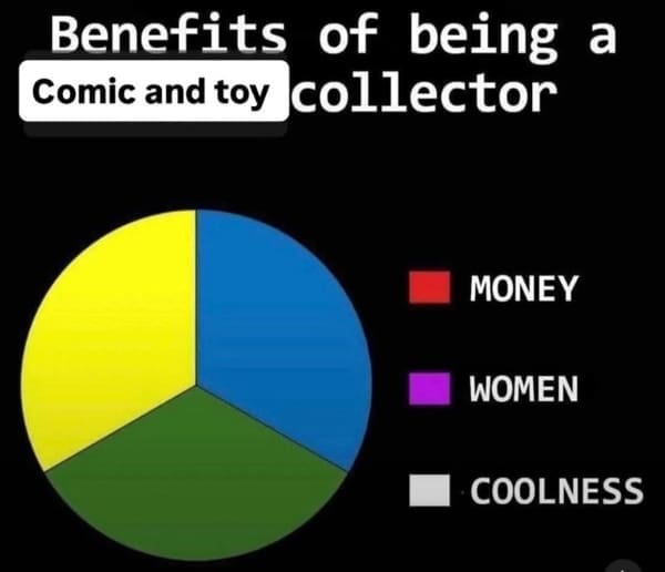 A funny nerd meme pie chart showing the nonexistent benefits of being a comic collector.