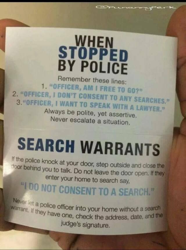 A very practical chart with important phrases and advice to remember when you are stopped by the police.