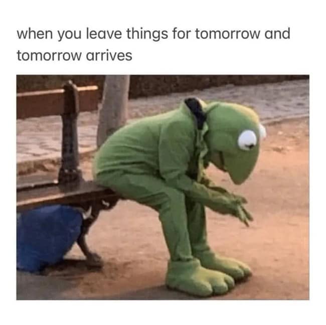 A sad Kermit the Frog meme showing the immense pain and regret when "tomorrow" finally arrives and you have to do work.