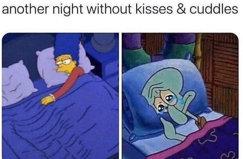A funny and sad relationship meme with Marge Simpson and Squidward crying in bed about being lonely at night.