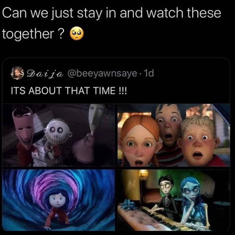 A cute relationship goal meme about staying in and watching spooky stop-motion movies together during the Halloween season.