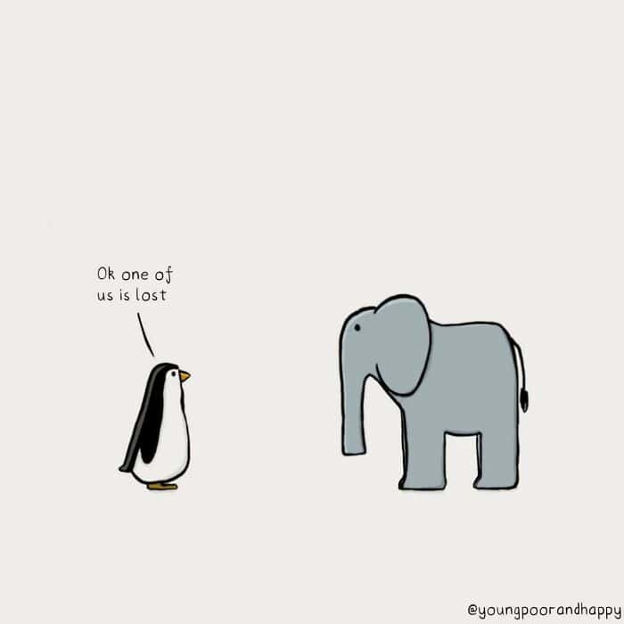 A single panel comic of a penguin and an elephant, with the penguin saying "Ok one of us is lost."