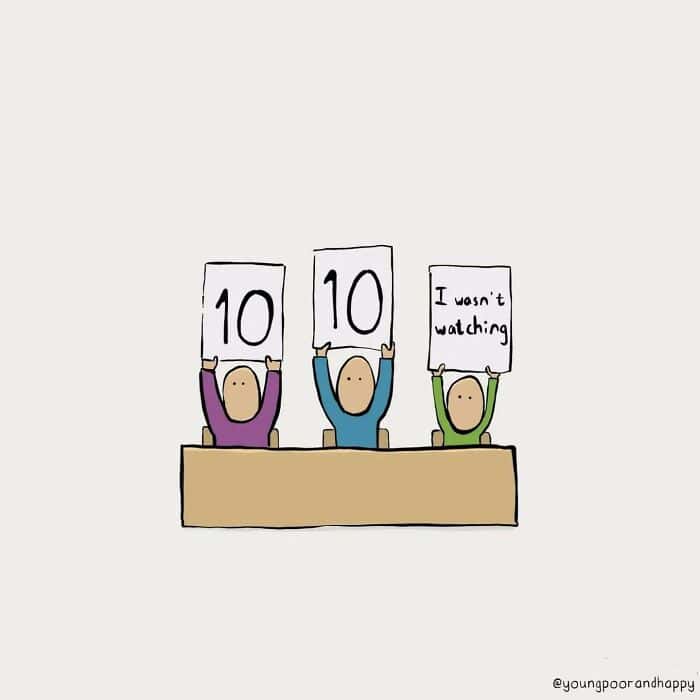 A single panel comic of three judges, where one holds a sign saying "I wasn't watching."