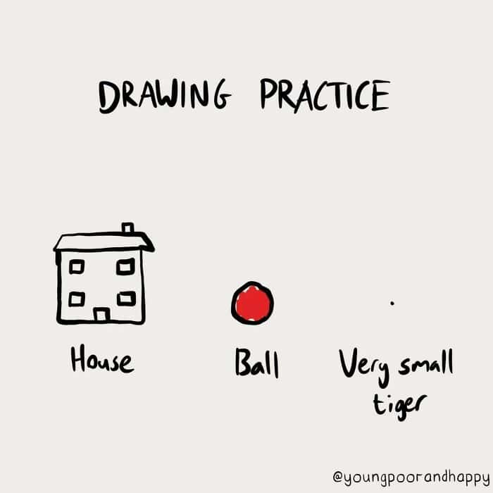 A single panel comic showing drawing practice of a house, a ball, and a tiny dot labeled "very small tiger."