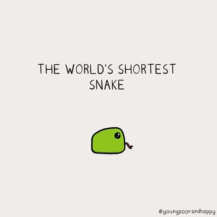 A single panel comic showing a tiny green stub, described as "The World's Shortest Snake."