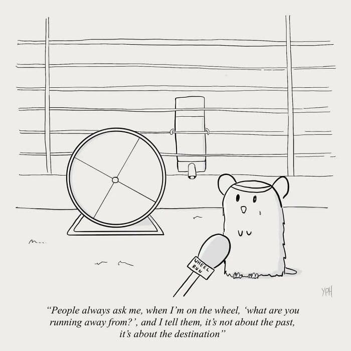 A single panel comic of a hamster being interviewed about the destination of its wheel running.