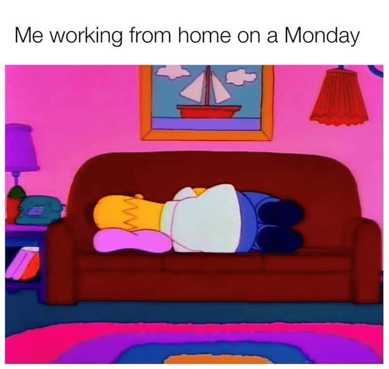 Cartoon dad naps face-down on a living-room couch under the line “Me working from home on a Monday.”