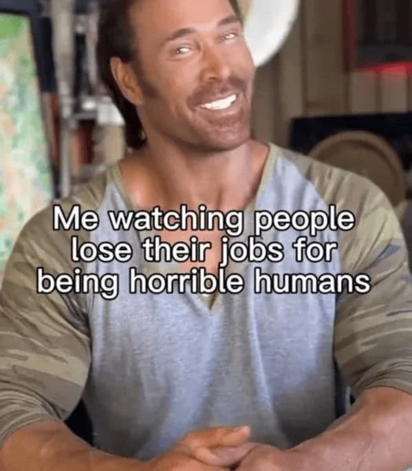 A funny work meme showing a man with a smug smile and the caption "Me watching people lose their jobs for being horrible humans."