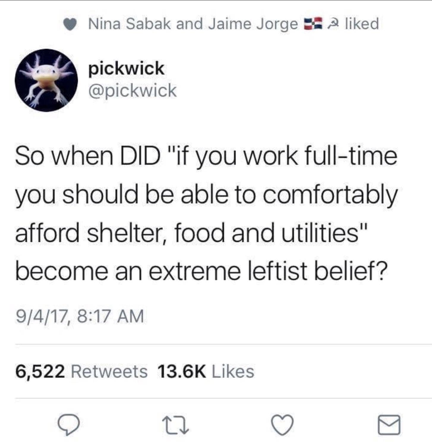 A classic meme of a viral tweet about how a living wage is not an extreme belief