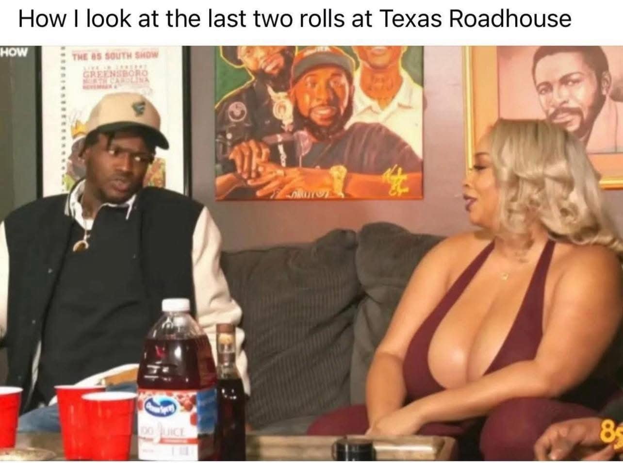 A reaction meme of a man staring intently, captioned as how you look at the last Texas Roadhouse rolls.