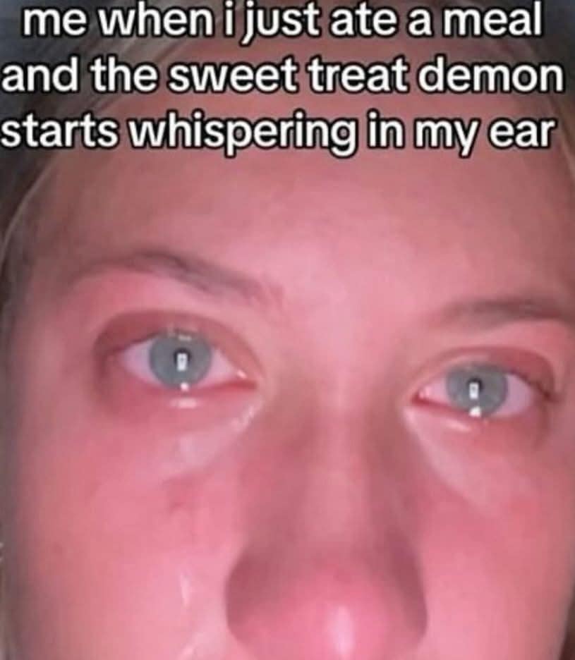 A crying reaction meme about the intense struggle of wanting dessert immediately after finishing a big meal.