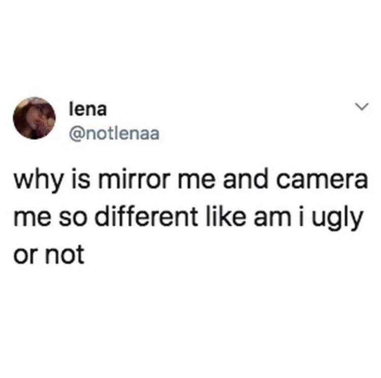 A relatable tweet asking why "mirror me" and "camera me" look so different and questioning one's attractiveness.