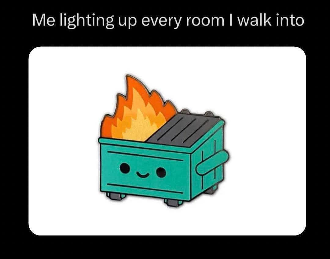 A funny and self-deprecating meme about "lighting up a room" that features a cute dumpster fire.