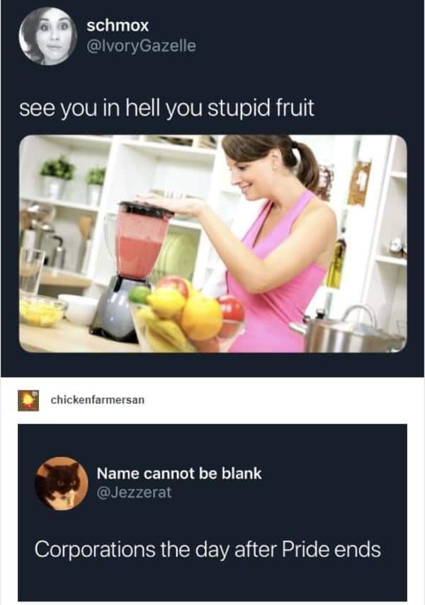 A funny political meme criticizing corporate support of Pride Month by combining two unrelated tweets.