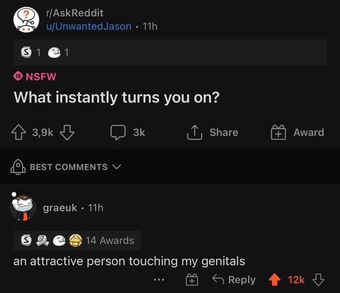 A funny Reddit post from AskReddit with a hilarious, deadpan answer to an NSFW question.