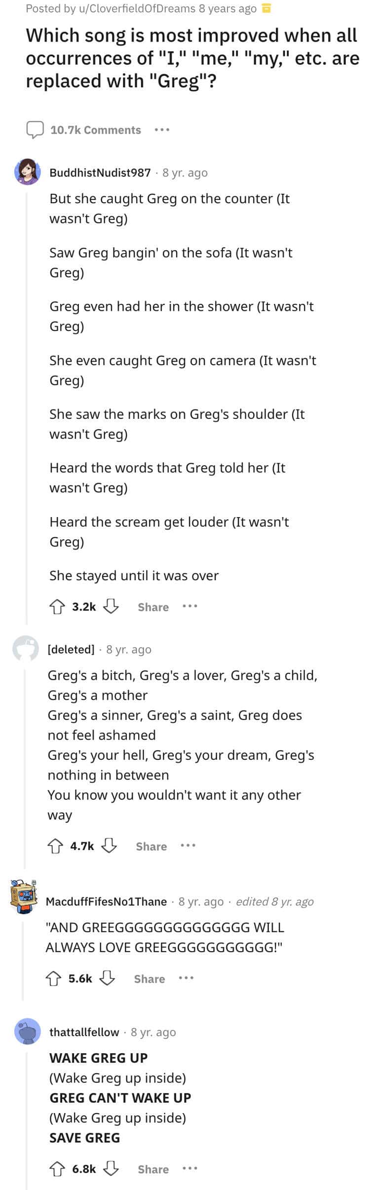 A funny Reddit post where users replace pronouns in famous song lyrics with the name "Greg."