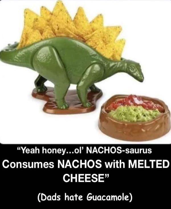 A classic dad joke grumpy meme showing a Stegosaurus with nachos on its back.