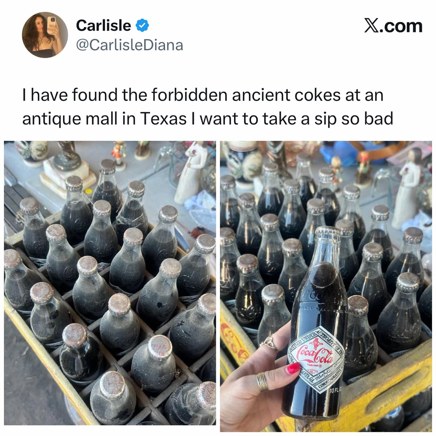 A hilarious meme of a tweet showing a crate of ancient, dusty Coca-Cola bottles found in an antique mall.