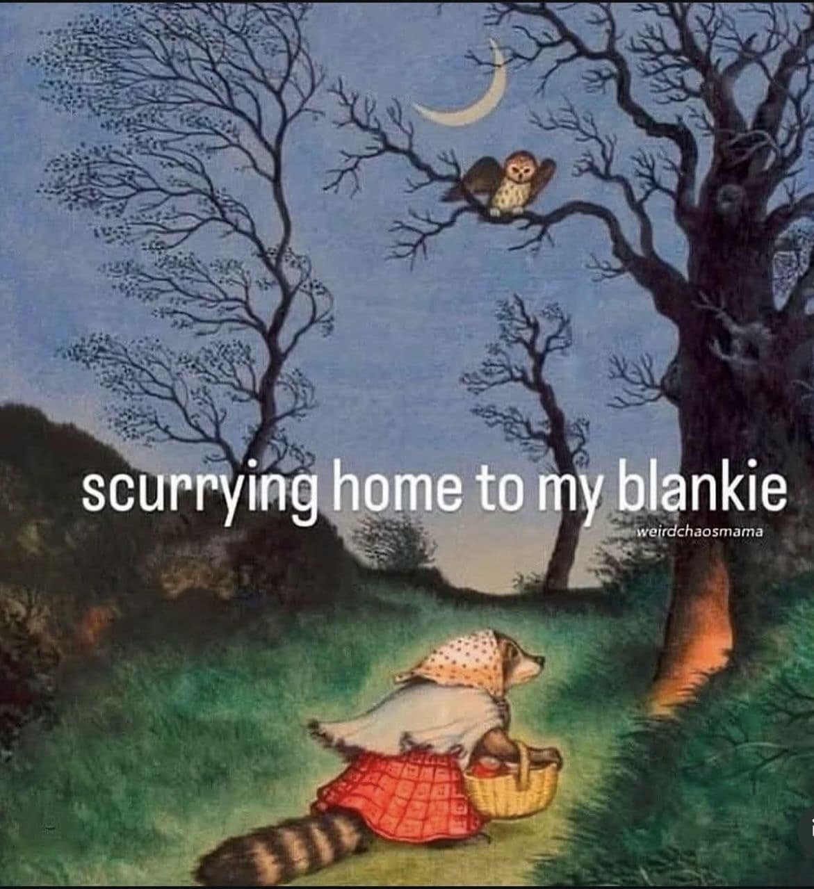 A funny meme with a vintage illustration of a raccoon in a dress and bonnet, scurrying through the woods.