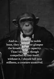 Black and white monkey philosophy meme using elaborate language to eloquently describe the need for coffee
