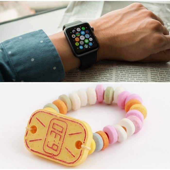 Nostalgic pic comparing a modern Apple Watch to a retro candy necklace watch from the 90s