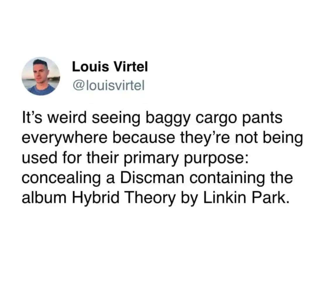 An oddly specific meme from a millennial who misses the true purpose of baggy cargo pants: hiding a Discman with a Linkin Park CD