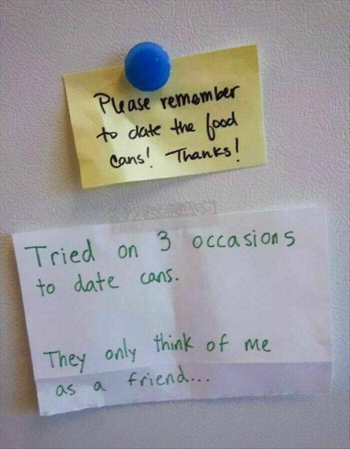 A funny workplace note exchange in response to a request to "date the food cans.